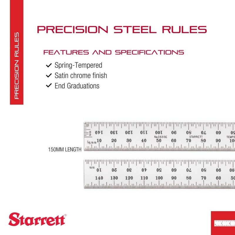 Starrett Spring Tempered Steel Rule with Satin Chrome Finish and Millimeter Graduation - 150mm Length, 35E Graduation Type, 1.2mm Thickness, 19mm Width - C635E-150 - Image 2
